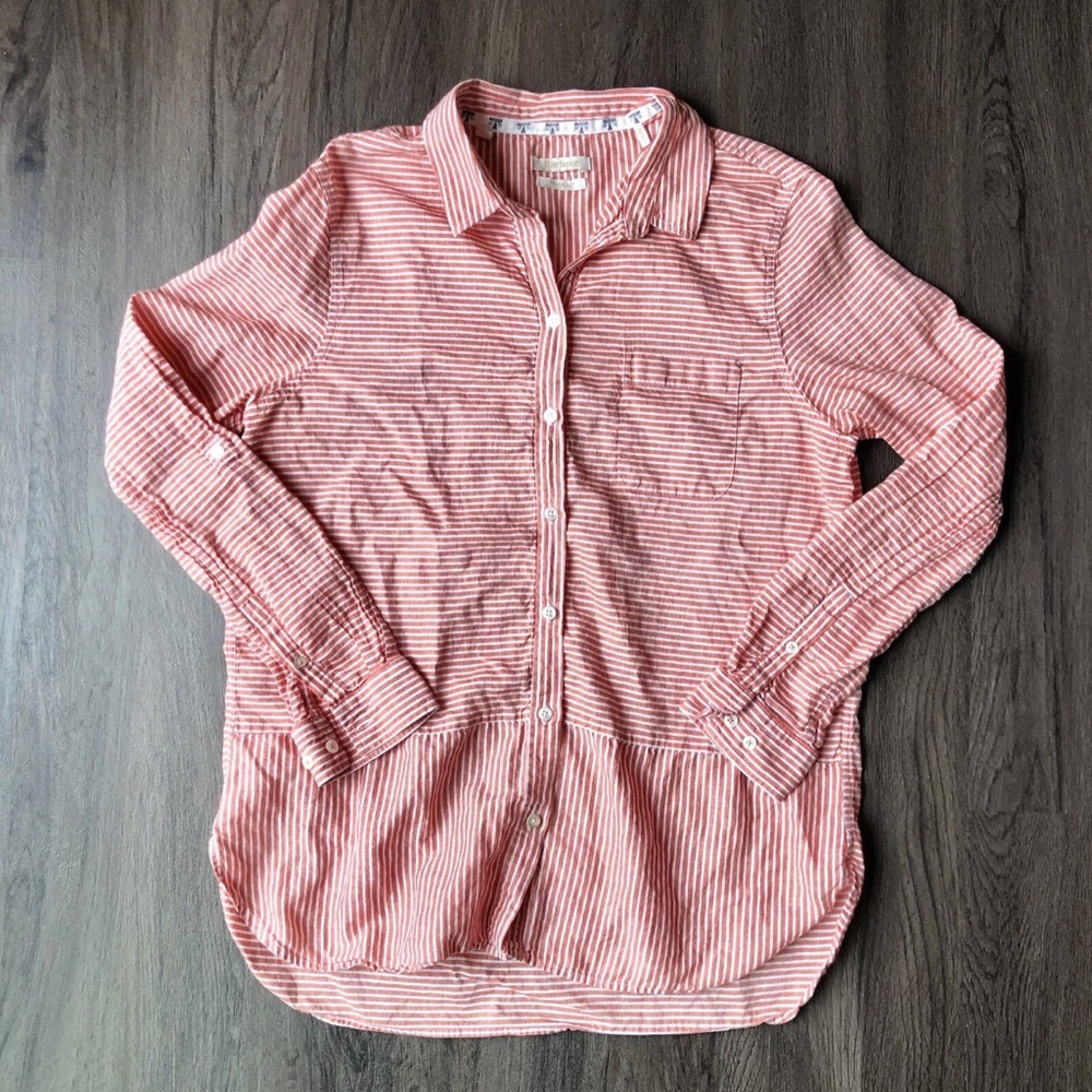 Barbour Linen Shirt Womens 8 Orange White Stripe Resort Beach Nautical Vacation